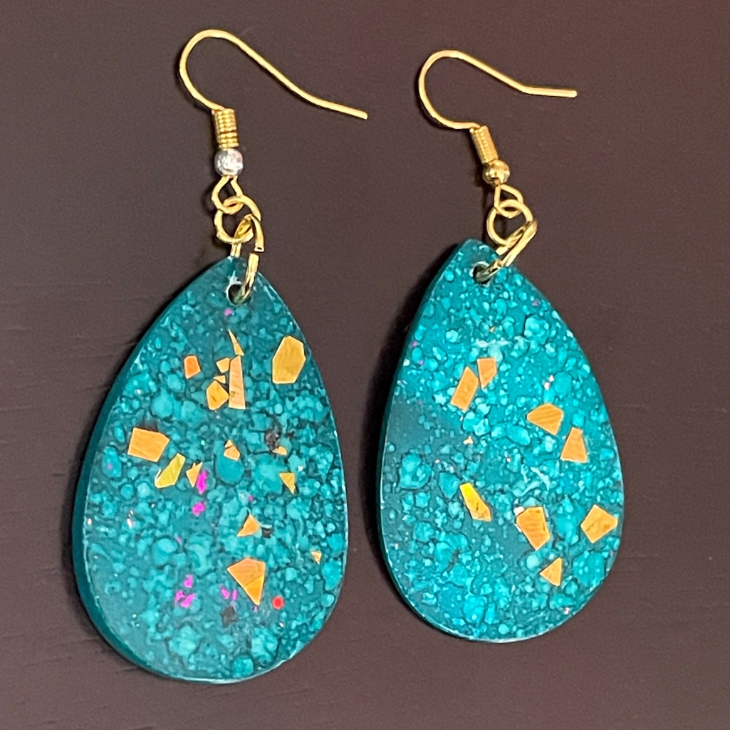 Turquoise Teardrop Gold Fleck Dangle Drop Earrings Blue Tear Drop New Handmade